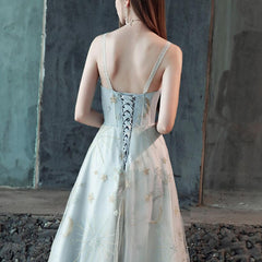 Beautiful Grey-Blue Straps Sweetheart Tulle Long Party Dresses, A-line Formal Dresses