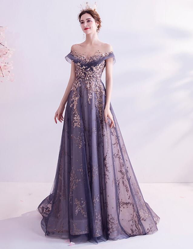 Shiny Purple Tulle Off Shoulder Party Dress with Lace, Long Purple Party Dresses
