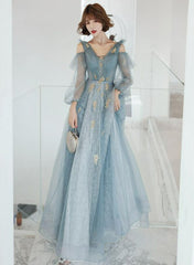 Lovely Blue Long Sleeves Tulle Long Wedding Party Dresses, Blue Prom Dresses