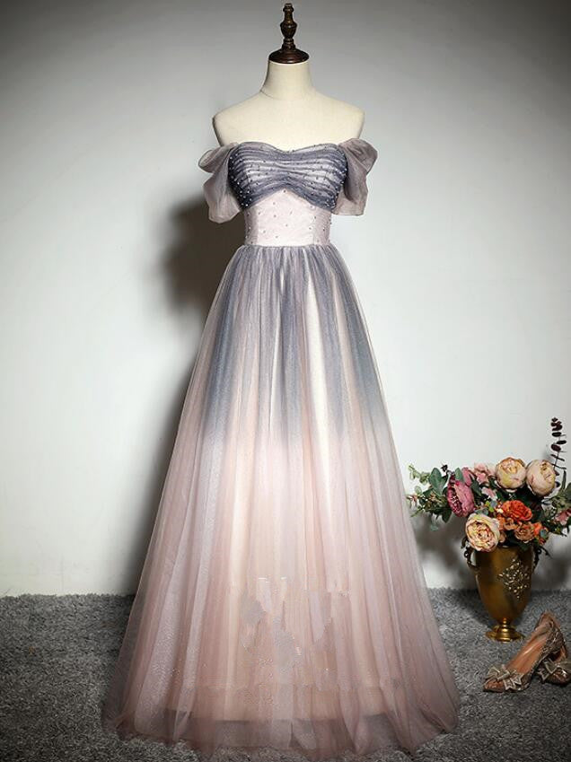 Beautiful Pink Gradient Beaded Sweetheart Long Prom Dress, Tulle Evening Dresses