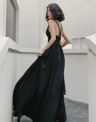 Beautiful Black Chiffon V-neckline Long Party Dress, Black Cross Back Prom Dresses