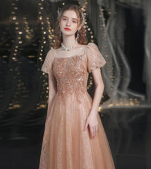 Lovey Tulle Short Sleeves Shiny Tulle Long Prom Party Dress, A-line Floor Length Formal Dresses