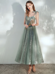 Cute Green Tulle Sweetheart Tea Length Prom Dress, Green Teen Length Homecoming Dress