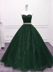 Dark Green Tulle Beaded Long Party Dress, Green Ball Gown Evening Gown