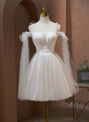 Ivory Tulle Knee Length with Lace Short Prom Dress, Cute Ivory Party Dresses