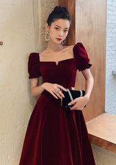 Wine Red Velvet Tea Length Short Sleeves Party Dress, Dark Red Evening Dresses