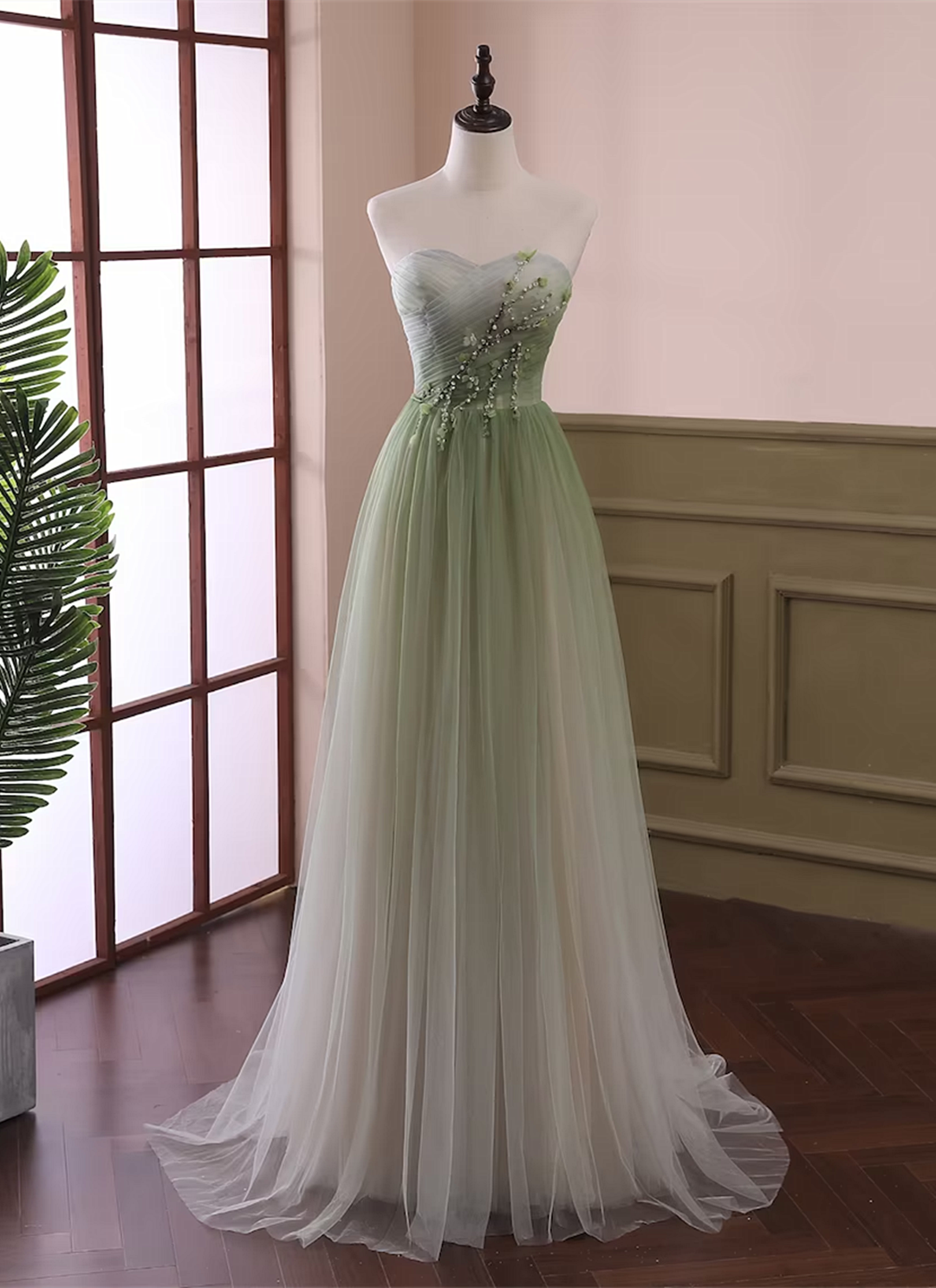Green Sweetheart Gradient Beaded Tulle Floor Length Party Dress, Green Junior Prom Dresses