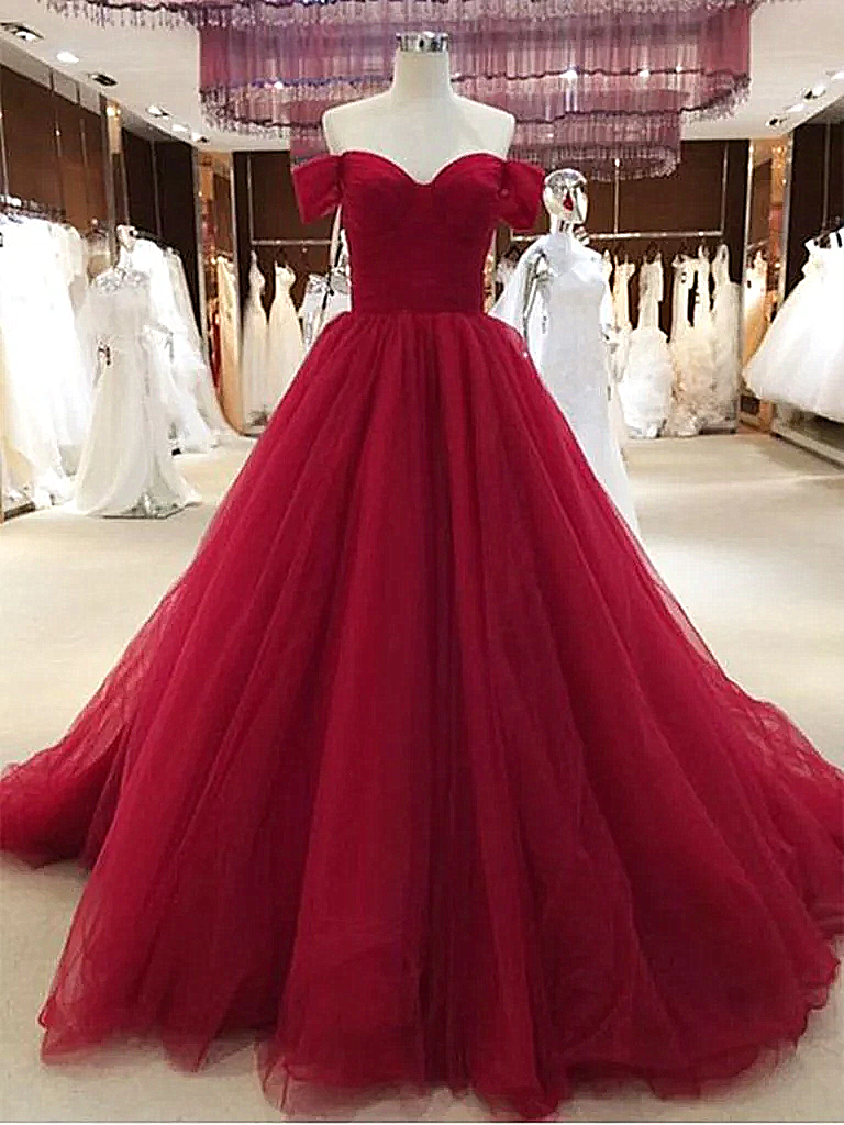 Beautiful Wine Red Off Shoulder Sweetheart Long Formal Gown, Red Party Dress