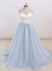 Beautiful Light Blue Tulle and White Top Long Wedding Party Gowns, Straps Junior Prom Dress