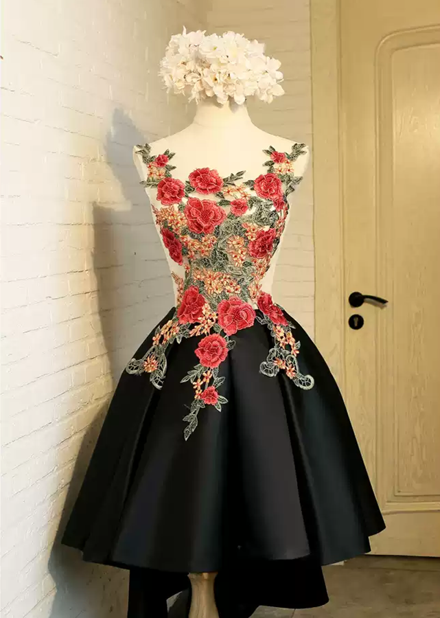 Lovely Black High Low Homecoming Dress with Floral Lace, Party Dress