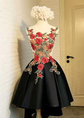 Lovely Black High Low Homecoming Dress with Floral Lace, Party Dress