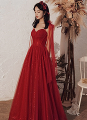 Wine Red Shiny Tulle Straps Long Evening Dress, A-line Tulle Junior Prom Dress