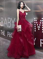 Wine Red Lace Applique V-neckline Long Straps Formal Dress, Dark Red Prom Dresses