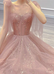 Pink Tulle Sweetheart Tulle with Pearls A-line Prom Dress, Pink Long Evening Dress