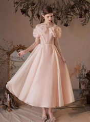 Pink Tea Length Sweetheart Beaded Party Dress, Pink Formal Dress Prom Dress