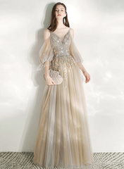 Light Champagne V-neckline Party Dress, A-line Long Prom Dress Evening Dress