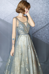 V-neckline Sexy Shiny Tulle A-line Long Prom Dress, Low Back Formal Dress