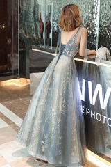 V-neckline Sexy Shiny Tulle A-line Long Prom Dress, Low Back Formal Dress