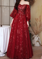 Wine Red Puffy Sleeves Tulle Long Party Dress, A-line Wine Red Floor Length Prom Dress