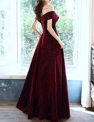 Wine Red off Shoulder Prom Dress, Long Elegant Bridal Gown Sparkly Velvet Party Dress