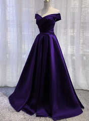 Purple Satin Off Shoulder Long Prom Dress, A-line Simple Purple Formal Dress