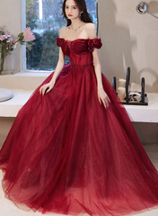 Wine Red Off Shoulder Beaded Sweetheart Long Party Dress, A-line Prom Dress
