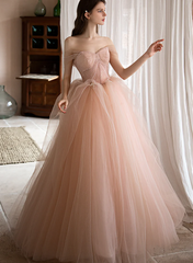 Off Shoulder Pink Tulle Long Formal Dress, A-line Princess Prom Dress Evening Dress