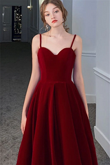 Wine Red Velvet Long Formal Dress Party Dress, V-neckline Straps Prom Dress
