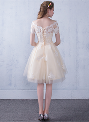 Champagne A-line Tulle with Lace Short Party Dress, Champagne Homecoming Dress