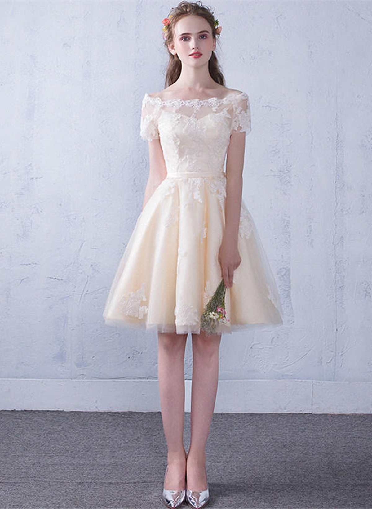Champagne A-line Tulle with Lace Short Party Dress, Champagne Homecoming Dress