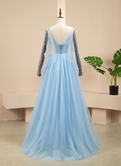 Pretty Light Blue A-line Puffy Sleeves Party Dress, Light Blue Evening Dress Prom Dress