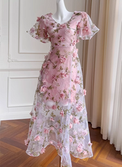 Pink Flowers Lace Short Sleeves Party Dress, Pink 3D Flowers Party Dress