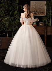 Lovely White Tulle with Lace Off Shoulder Party Dress, White Straps Long Sweet 16 Dress
