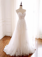 Ivory Tulle with Lace Round Neckline Long Wedding Party Dress, Ivory Tulle Prom Dress