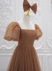 Lovely Simple Tulle Short Sleeves A-line Party Dress, Long Tulle Formal Dress Evening Dress