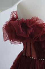 Wine Red Tulle Sequins Long Off Shoulder Party Dress, Wine Red Tulle Prom Dress