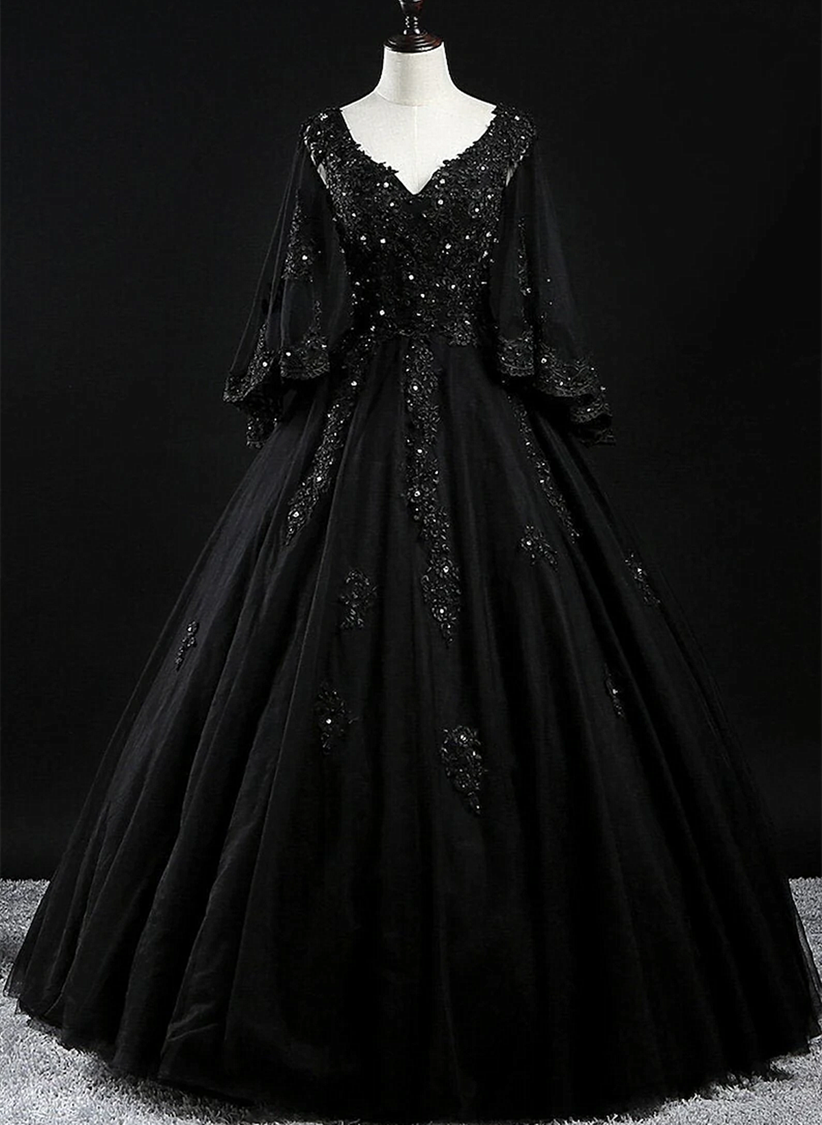 Black Tulle with Beaded Long Prom Dress, Black Evening Dress Sweet 16 Dress
