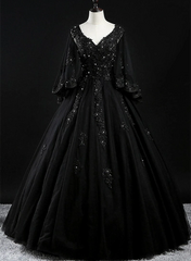 Black Tulle with Beaded Long Prom Dress, Black Evening Dress Sweet 16 Dress