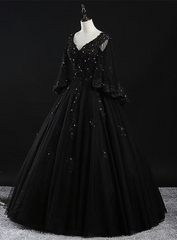 Glam Tulle with Lace Applique Ball Gown Sweet 16 Dress, Beaded Prom Dresses Evening Dress