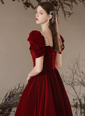 Wine Red A-Line Velvet Beads Long Prom Dress, Wine Red Evening Dress Party Dress