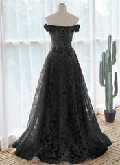 A-line Black Off Shoulder Long Lace Party Dress, Off Shoulder Prom Dress