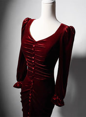 Wine Red Velvet Long Sleeves Mermaid Long Prom Dress, Wine Red Evening Dress
