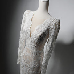Ivory Lace Mermaid Long Sleeves Formal Dress, Lace Wedding Party Dress