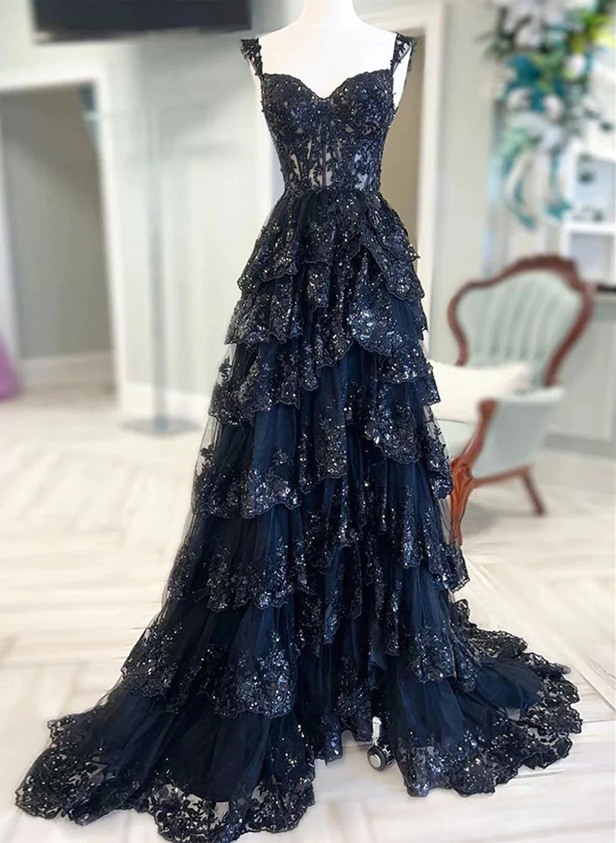 Navy Blue Tulle A-line Sweetheart Party Dress, Navy Blue Prom Dress Evening Dress