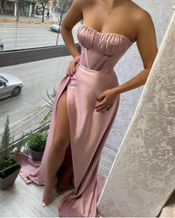 Pink Sweetheart Satin Long Prom Dress with Leg Slit, Pink Satin Evening Dress