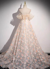 Beautiful A-line Off Shoulder Flowers Lace Formal Dress, Long Prom Dress