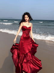 Lovely Wine Red Satin Mermaid Sweetheart Straps Evening Dress, Wine Red Prom Dress