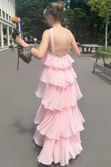 Pink Chiffon Backless A-line Layers Prom Dress, Pink Chiffon Party Dress Evening Dress