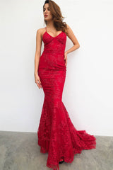 Red Mermaid Lace-Up Back Long Evening Dress with Lace Appliques