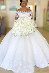 Princess Long Off Shoulder A-line White Wedding Dress with Appliques